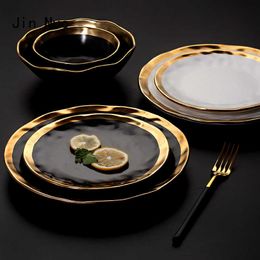Decorative Plates European Black Gold Ceramic Plate Western Cuisine Matte Golden Stroke Steak Pasta Dinner Plates Creativity Retro Salad Dishes Z0227