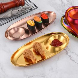 Decorative Plates 1Pc Stainless Steel Oval Plate with Sauce Plate Rainbow Household Kitchen DualPurpose Dessert Fried Food Plate with Dip Grid Z0227