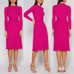 Casual Dresses Vintage Women Long Sleeve O Neck Waist Tight Knitted Pleated Midi Sweater Dress