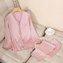 Women's Sleepwear Women Sexy Sleepwear Satin Pyjamas Silky 2 Piece Pyjamas Set Loungewear Casual Solid Nightwear Shirt Pants Spring Bathrobe 230227