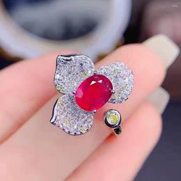Cluster Rings Red Crystal Ruby Citrine Gemstones Diamonds Clover Flowers For Women 18k White Gold Filled Silver Trendy Jewelry Bands