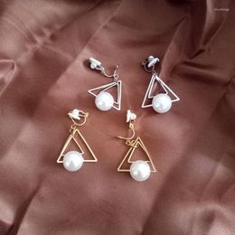 Backs Earrings Grace Jun Fashion Cute Double Triangle Simulated Pearl Clip On Without Piercing For Women Luxury Jewellery Korea Style