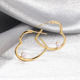 Hoop Earrings Huitan Hip Hop Heart For Girl With Simulation Pearl Simple Stylish Women's Opening Love Wholesale Jewelry