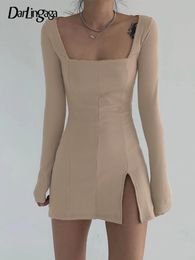 Casual Dresses Darlingaga Elegant Square Neck Ribbed Black Female Knitted Side Split Bodycon Long Sleeve Fashion Mini Basic 230227