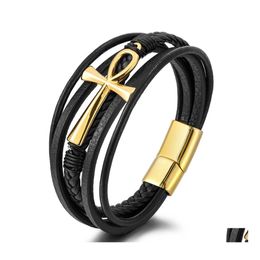 car dvr Link Chain Handmade Mti Layered Braided Leather Cross Bracelet For Men Women Link Black Cord Vintage Wrist Band Rope Cuff Bangle Je Dho3R