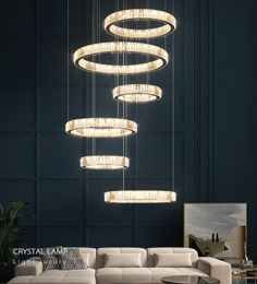 Modern Round Crystal Chandelier Villa Living Room Staircase Hanging Light Gold/Silver Ring Combination Dining Room Chandelier