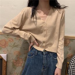 Women's Knits Sweaters Knitted Yellow Green Cute Cardigan Women's Spring Autumn Short V-Neck Long-Sleeved Thin Loose Korean Style