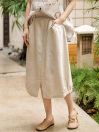 Skirts Johnature Women Vintage A-Line Elastic Waist Pockets 2023 Summer Linen Clothes Casual