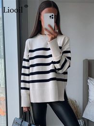 Women's Sweaters Sexy Striped Baggy Sweater Women Pullovers Long Sleeve Knitted Tops Female Jumpers Autumn Winter Streetwear Loose Knit Sweaters 230227