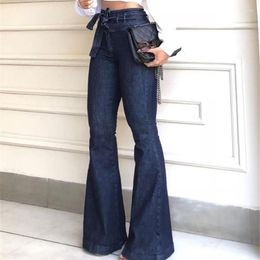 Women's Jeans Women's Fashion Little Stretch Full Length Flare Pants Denim Female Blue Autumn High Waist Lace Up Boot Cut Cords Trousers