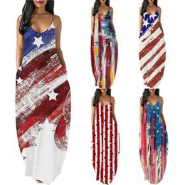 Casual Dresses Women Summer Vintage Strap American Flag Independe Print Midi Maxi Dress Femme Sexy Party Night Club Long Robe Vestido