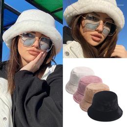 Berets DT054 Winter Outdoor Vacation Lady Panama Black Solid Thickened Soft Warm Fishing Cap Faux Fur Bucket Hat Women Hairy Leopard