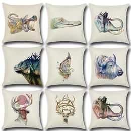 Pillow Colour Animal Drawing Cover Cotton Linen Decorative Pillowcase Chair Seat Square 45x45cm Home Living Textile