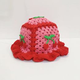 Berets 2023 Summer Women Crochet Hand-made Kartoon Casual Knit Hats Cherry Red Pink Bucket Hat Cap