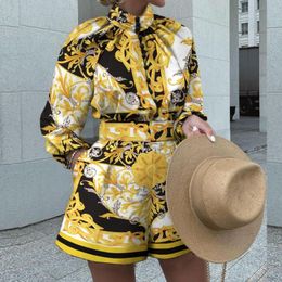 Womens Two Piece Pants goods in stock VAZN Elegant Print Vneck Rompers Jumpsuit Sexy Fashion Full Sleeve Shinny Bandage Short Pant Playsuits 230227