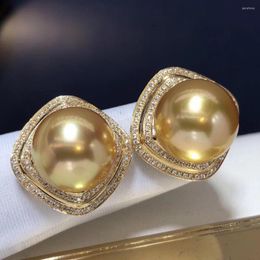 Stud Earrings D503 Fine Jewelry 11-12mm Pure 14K Gold Natural Ocean Golden Pearls For Women Pearl