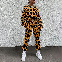 Womens Two Piece Pants Autumn Women Set Long Sleeve Pullover Tracksuits Spring Leopard Print Sweatshirt Jogger Suit 230227