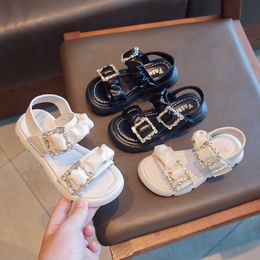 Sandals Girl's Sandals Rhinestone Chunky Outsole Footwear Soft PU Kids Sliders Comfy Nonslip 2635 Stylish Black Beige Kids Shoes Z0225