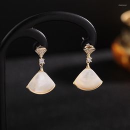 Stud Earrings Unique Trendy Design Dress Shaped White Cubic Zircon Big Shell For Women Gold Plated CZ Jewellery Gift 2023