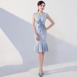 Ethnic Clothing Modern Short Cheongsam Blue Evening Dresses Qi Pao Women Traditional Chinese Oriental Style Slim Dress Qipao Promotion