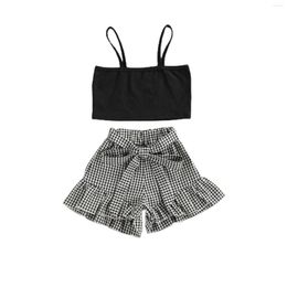 Clothing Sets 1-6Y Kids Baby Girl Clothes Black Sleeveless Vest Tops Ruffle Bownot Plaid Shorts 2pcs Outfits Fashion Summer