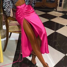 Skirts Rose Red Satin Drawstring Split Long Skirt Street Wear Women Outfit 2023 Ladies Party Night Club Elegant