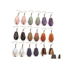 car dvr Dangle Chandelier Bronze Natural Stone Crystal Agate Earrings Wrap Tree Of Life Lucky Treature Coffin Shape Charms Wholesale Women Dhokf