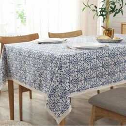 Table Cloth Chinese Classical Style Blue White Porcelain Lace Tablecloth Linen Cotton Dust-proof Cover