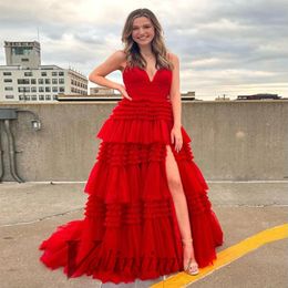 Party Dresses Red Tiered Evening Dress Slit Spaghetti Strap Homecoming Cocktail Wedding Made To Order Robes De Formal Prom 230225