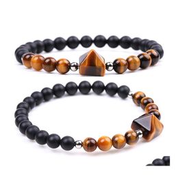 car dvr Beaded Strands Handmade Gemstone Matte Black Onyx Bead Strand Chakra Bracelet For Men Women Healing Crystal 10Mm Pyramid Beads Bang Dhf2P
