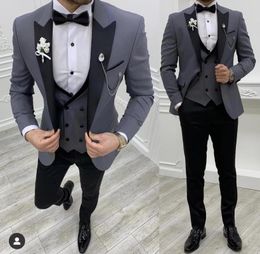 Men's Suits Grey Costume Slim Fit Men Suit Black Pant Groom Tuxedos For Formal Wedding Jacket Vest 3 Pieces Blazer