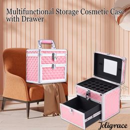 Cosmetic Organiser Storage Bags Portable Makeup Box Alloy Make up Train Case Manicure Polish Organzier Beauty Suitcase with Mirror Drawer for Nail Tech Y2302