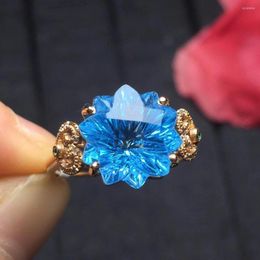 Cluster Rings Topaz Ring Fine Jewelry Real 18 K Rose Gold AU750 Jewellery Natural Blue Gemstone Female For Women