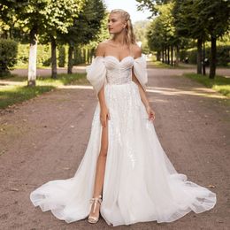 2023 Sweetheart Wedding Dress Tulle Lace Appliques Gillter Tulle Off The Shoulder A-Line Side Slit Bridal Gowns Sweep Train Vestidos De Noiva