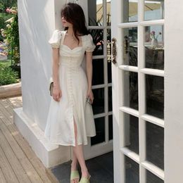 Party Dresses Vintage Midi Short Puff Sleeve Women Casual Split Design Elegance French Summer Clothes Korean Ladies