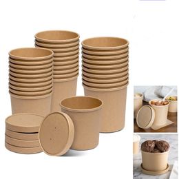 Disposable Dinnerware Soup Cups Paper Containers Kraft Food Disposable Bowls Ice Cream Cup with Lids