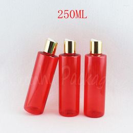 Storage Bottles 250ML Red Plastic Bottle With Gold Disc Top Cap 250CC Shampoo / Lotion Packaging Empty Cosmetic Container