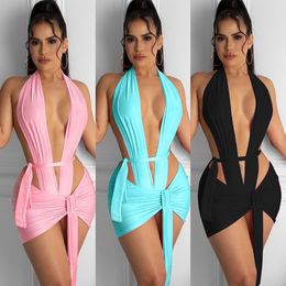 Two Piece Dress Sexy Solid Deep V Two Piece Sets Midnight Club Halter Top Bodysuit Skirt Backless Summer Partywear Hollow Out Ruched Women Set 230228