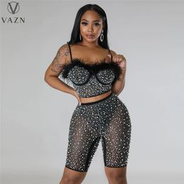Womens Two Piece Pants VAZN Sexy Girl Style Women Sets Sleeveless Strapless Short Top Elastic Short Pants Lady Pure Colour Lady Two Piece Set 230228