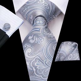 Neck Ties Grey Silver Paisley Silk Wedding Tie For Men Handky Cufflink Gift Mens Necktie Fashion Design Business Party Dropshipping HiTie J230227