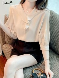 Women's Blouses Shirts Elegant Fashion Ruffled Solid Color Blouse Fashion Woman Blouses Folds Half Sleeve Cardigans Women's Clothing Pullovers 230228