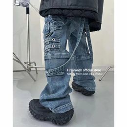 Jeans da uomo Firmranch Double Wear Raver Tasche multiple Stringate per uomo Donna Lavaggio oversize Pantaloni larghi in denim vecchio Alta qualità 230225