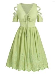 Party Dresses Women Green Garden Robe Embroidery Cottagecore Cinched Ruched Bust Flare Dress Lattice Short Sleeve Vestido Feminino