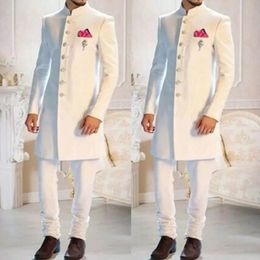 Men's Suits Blazers Fashion Design White Stand Collar Single Breasted Ethnic Indian Tuxedo Groom Long For Men Wedding Formal Slim Fit Wear 2Pc 230227