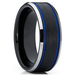 Wedding Rings 8mm Womens Mens Black Blue Tungsten Carbide Ring Band Double Grooved Brushed Finish Comfort Fit JewelryWedding