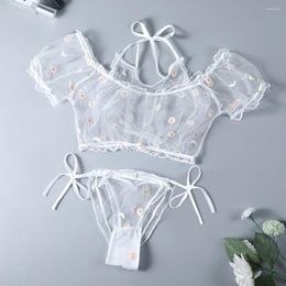 Women's Sleepwear Women Sexy Lace Floral Lingerie Set Lady Girls Short Sleeve Mesh See-through Top Panty Suits