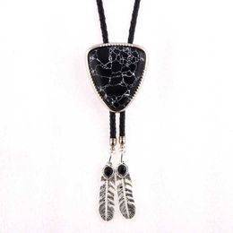 Neck Ties KDG Bolo tie black Howlite triangle natural stone texture alloy feather leather Bolo tie J230227