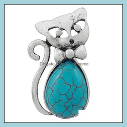 Band Rings Europe And America Ring Green Pine Ancient Sier Retro Bow Kitten Shape Turquoise Female Drop Delivery Jewelry Dhsw7