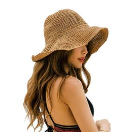 Wide Brim Hats Women Elegant Straw Sunhat Foldable Outdoor Beach Wide Brim Sunscreen Floppy Bucket Hat G230227