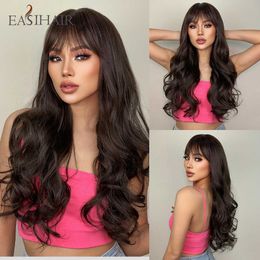 Synthetic Wigs Easihair Long Dark Brown Synthetic Wigs for Women Natural Hair Wavy with Bangs Daily Cosplay Heat Resistant Fibre 230227